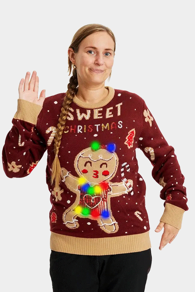 womens Red LED light-up Couple's Christmas Jumper with Ginger Cookie