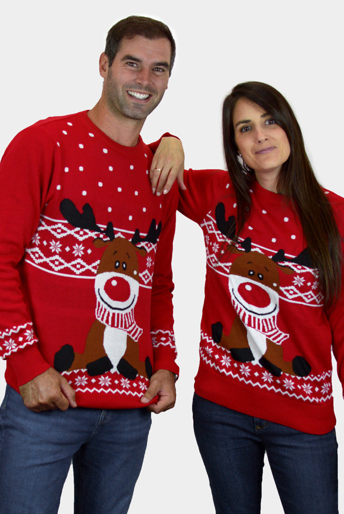 Red Mens Christmas Jumper Womens Rudolph the Happy Reindeer