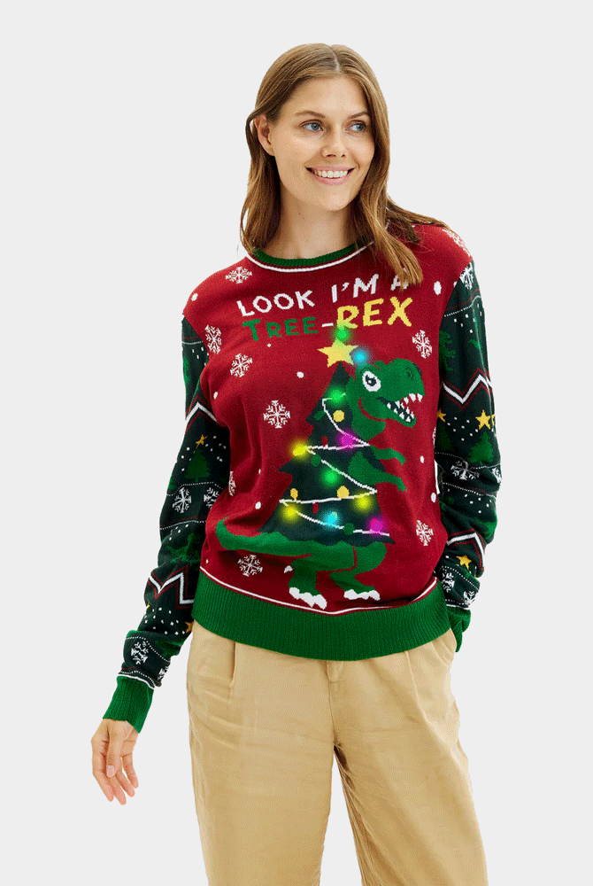womens Tree-Rex LED light-up Couple's Christmas Jumper