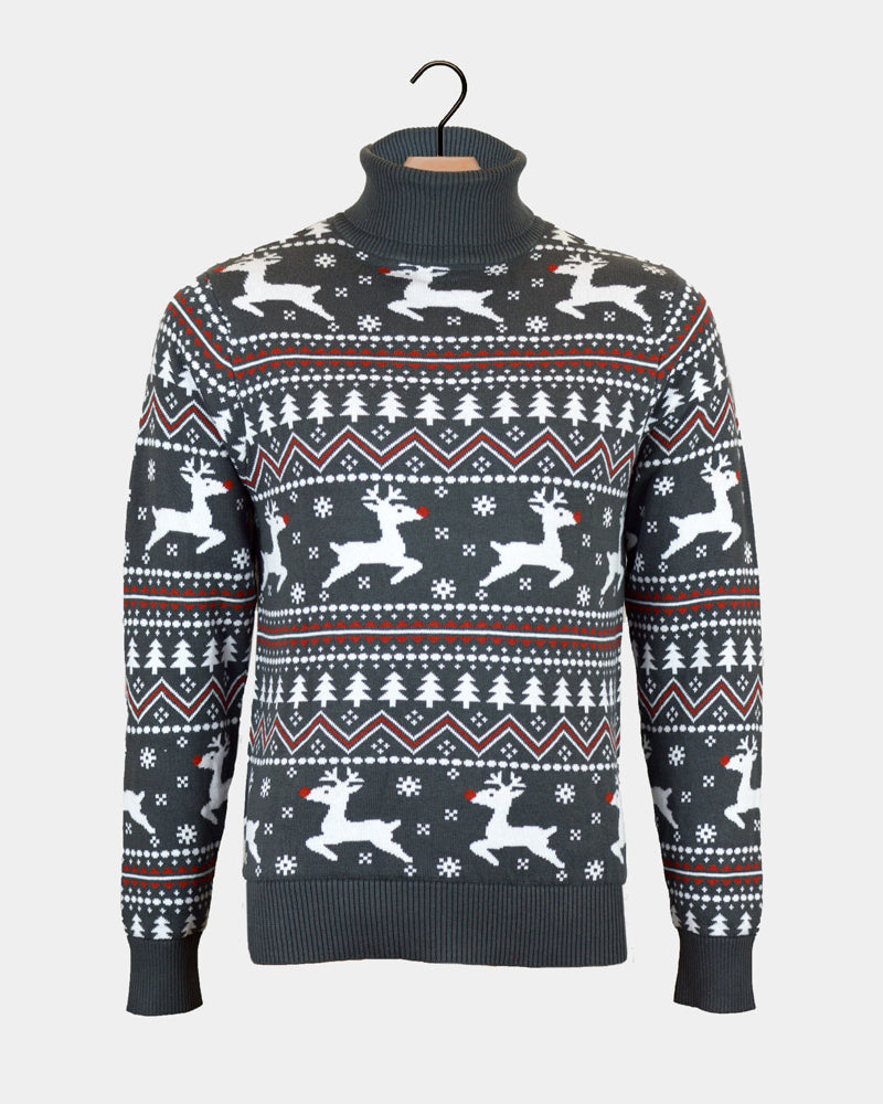 Womens Turtleneck Organic Cotton Grey Christmas Jumper Reindeers