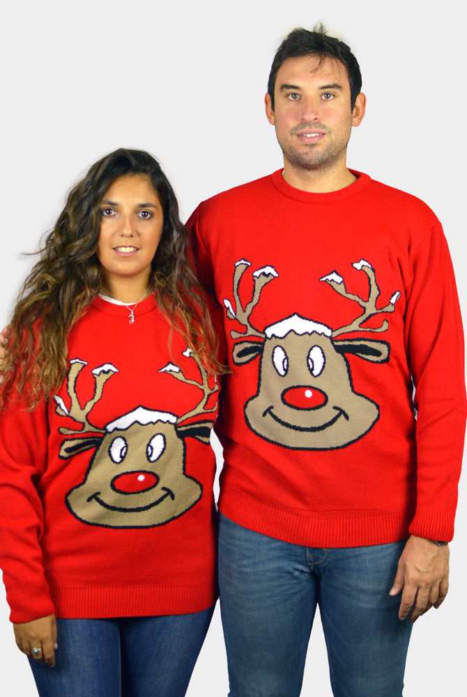 Red Family Christmas Jumper with Smiling Reindeer couple