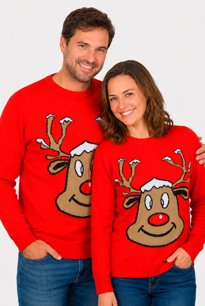 Red Family Christmas Jumper with Smiling Reindeer couple