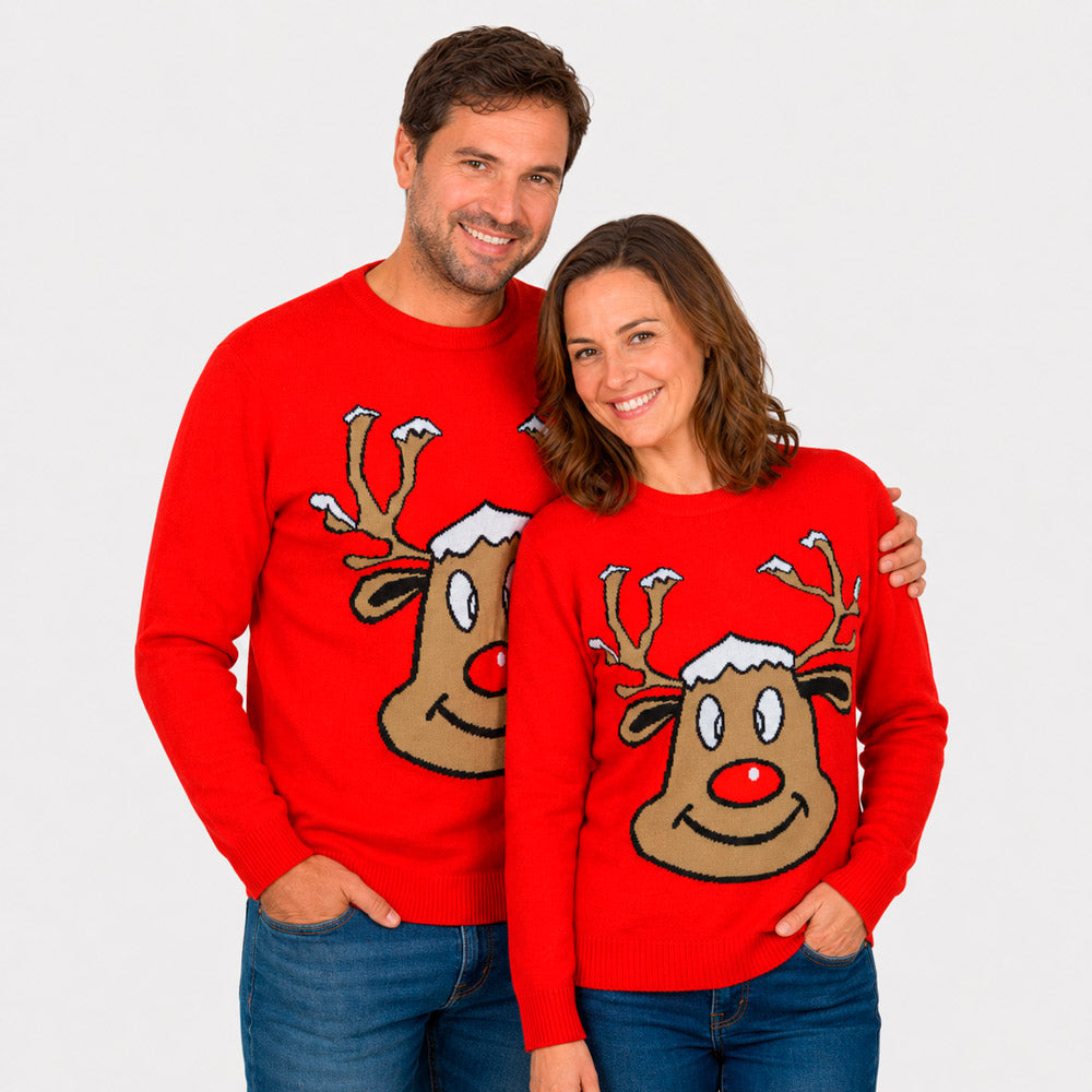 Red Family Christmas Jumper with Smiling Reindeer couple