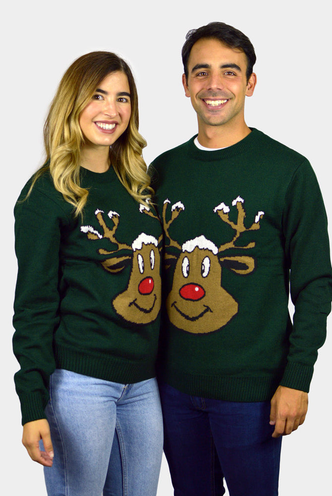 Green Family Christmas Jumper with Smiling Reindeer couple