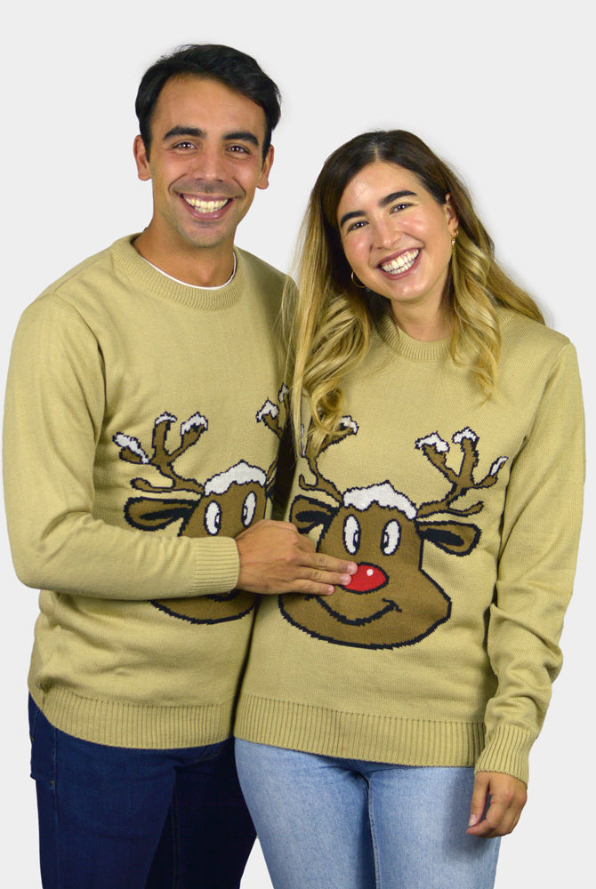 Beige Family Christmas Jumper with Smiling Reindeer couple