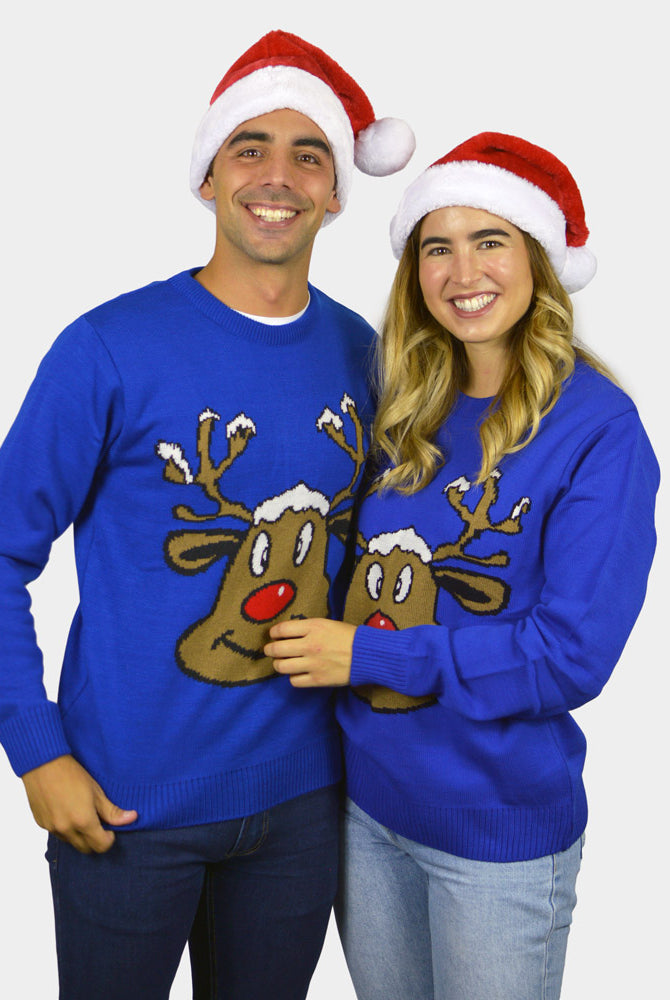 Blue Family Christmas Jumper with Smiling Reindeer couple