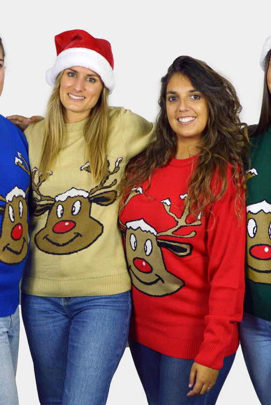 Blue Family Christmas Jumper with Smiling Reindeer womens
