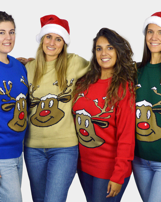womens Green Family Christmas Jumper with Smiling Reindeer