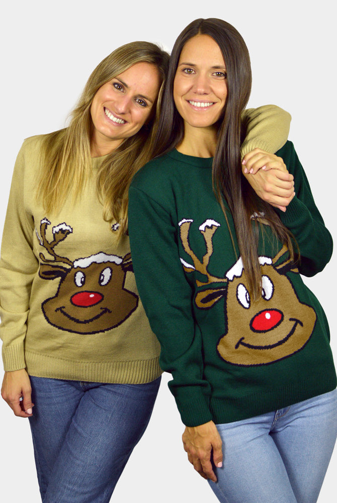 Green Family Christmas Jumper with Smiling Reindeer womens