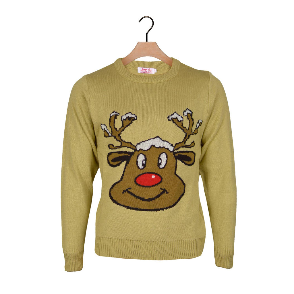 Beige Boys and Girls Christmas Jumper with Smiling Reindeer