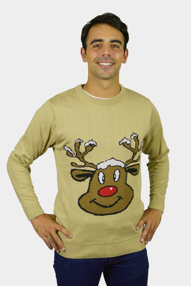 Beige Family Christmas Jumper with Smiling Reindeer Mens