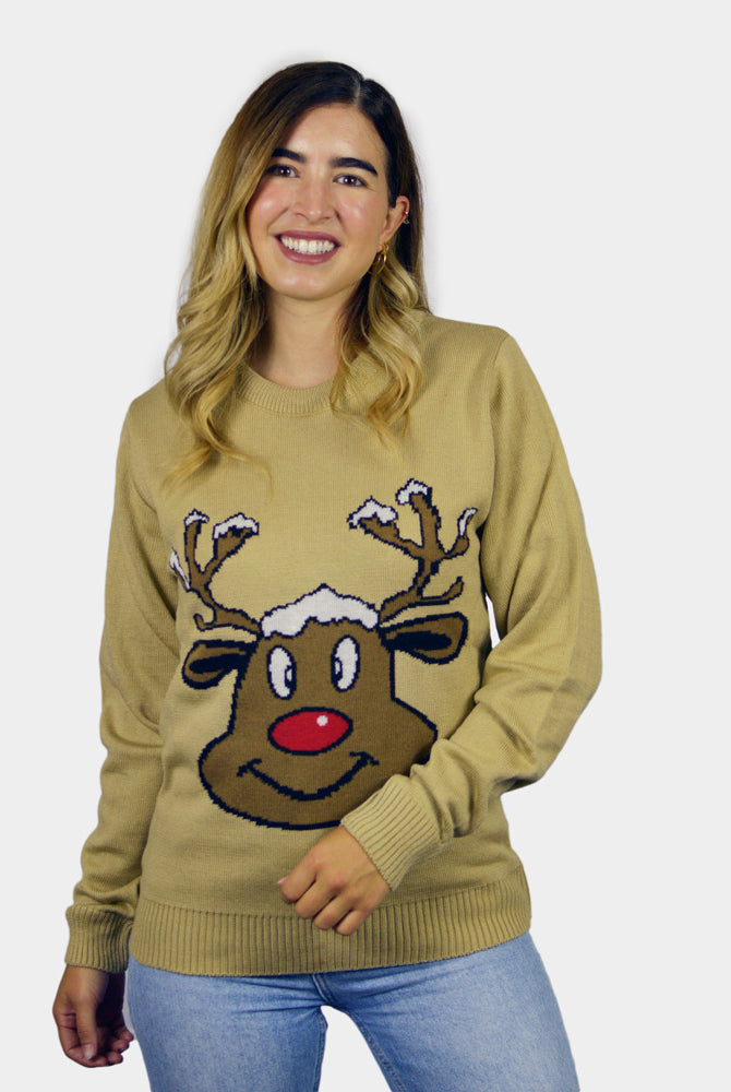 Beige Family Christmas Jumper with Smiling Reindeer Womens