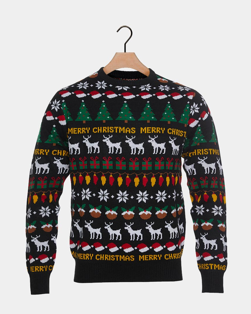 Black Boys and Girls Christmas Jumper with Trees, Reindeers and Gifts