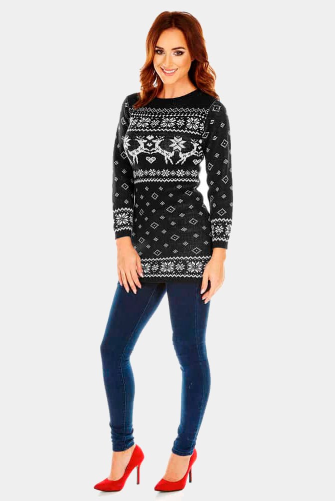 Black Christmas Dress with Reindeers Womens