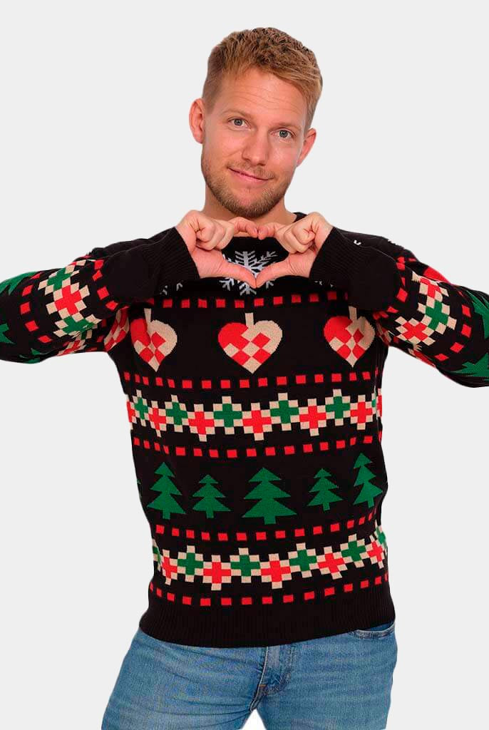 Black Christmas Jumper with Snow, Hearts and Trees Mens