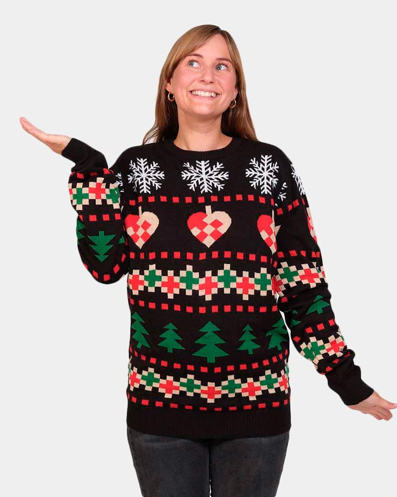Black Christmas Jumper with Snow, Hearts and Trees Womens