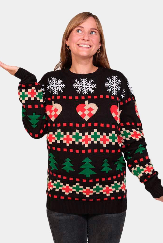 Black Christmas Jumper with Snow, Hearts and Trees Womens