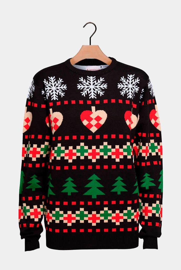 Black Christmas Jumper with Snow, Hearts and Trees