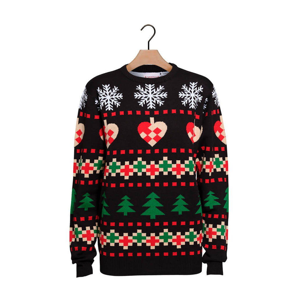 Black Christmas Jumper with Snow, Hearts and Trees