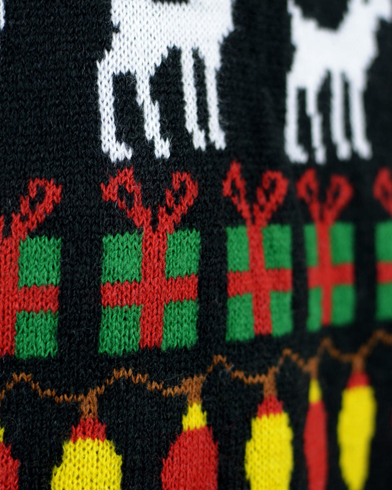 Black Christmas Jumper with Trees, Reindeers and Gifts Detail