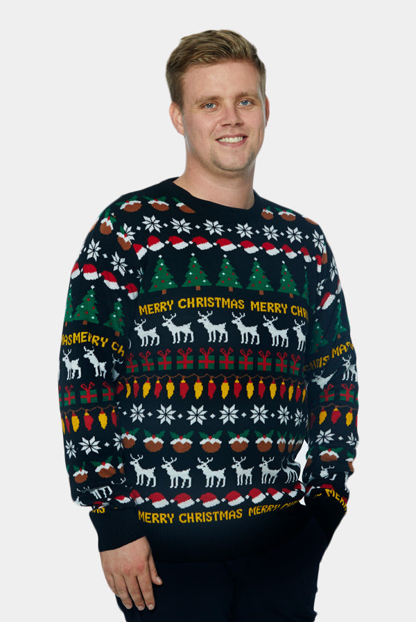 Black Christmas Jumper with Trees, Reindeers and Gifts Mens
