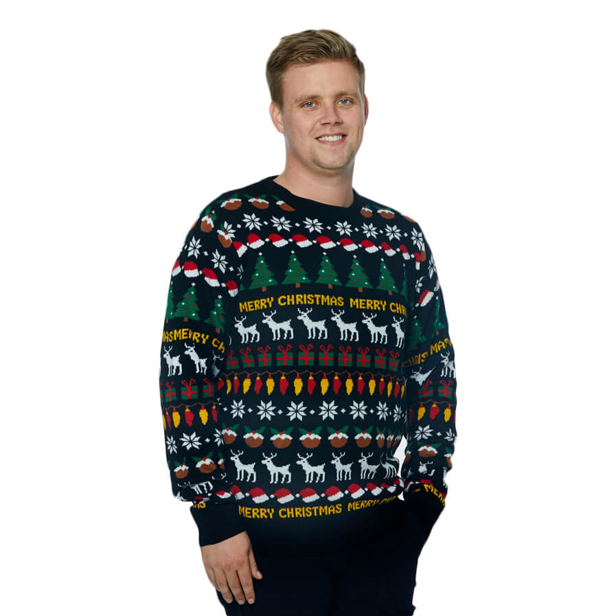Black Christmas Jumper with Trees, Reindeers and Gifts Mens