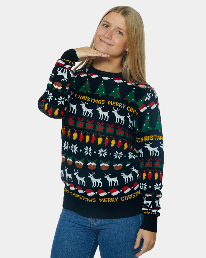 Black Christmas Jumper with Trees, Reindeers and Gifts Womens