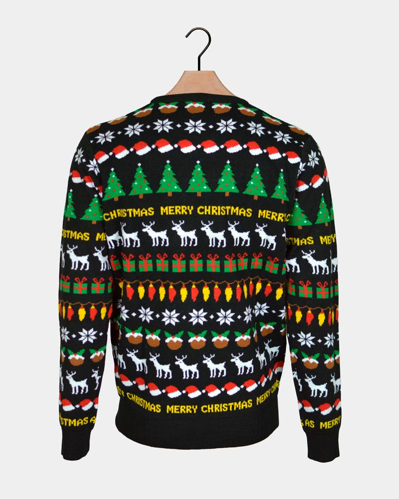 Black Family Christmas Jumper with Trees, Reindeers and Gifts Back