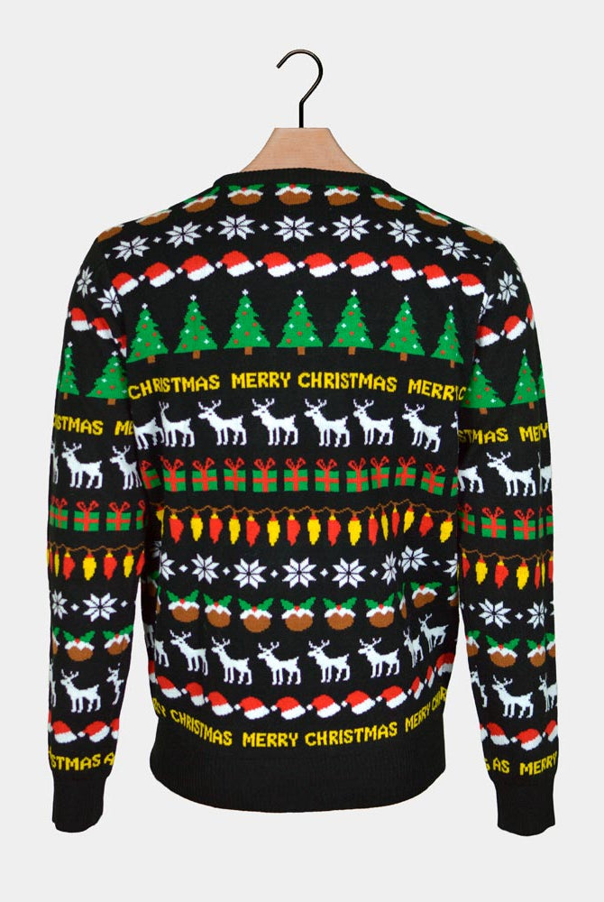 Black Family Christmas Jumper with Trees, Reindeers and Gifts Back