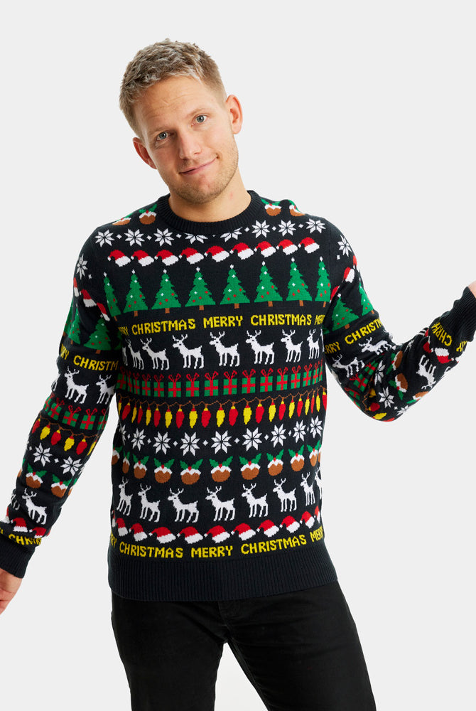 Mens Black Family Christmas Jumper with Trees, Reindeers and Gifts