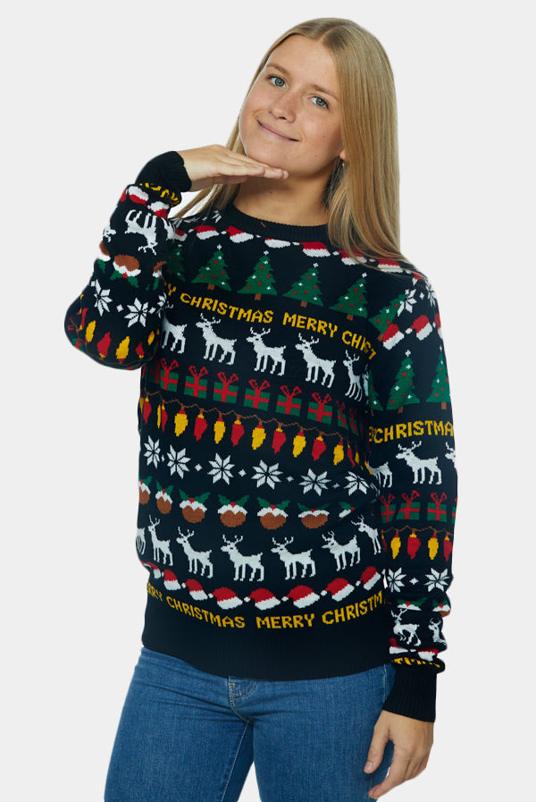 Womens Black Family Christmas Jumper with Trees, Reindeers and Gifts