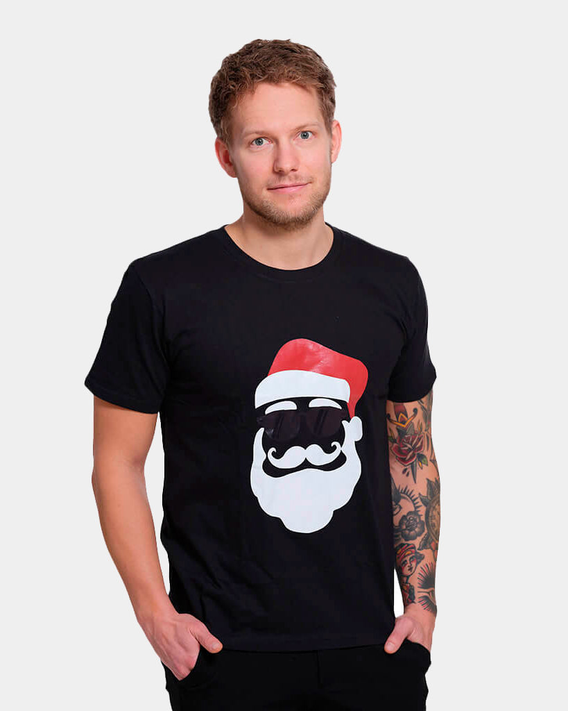 Black Mens Christmas T-Shirt with Santa Hipster
