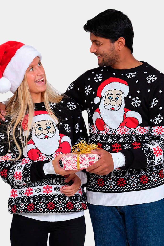 Black Organic Cotton Christmas Jumper with Santa and Snow Couple