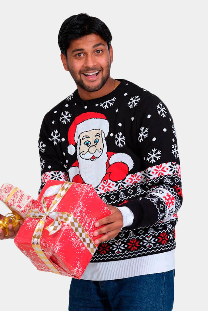 Black Organic Cotton Christmas Jumper with Santa and Snow Mens