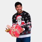 Black Organic Cotton Christmas Jumper with Santa and Snow Mens