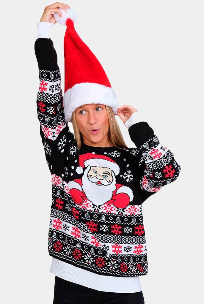 Black Organic Cotton Christmas Jumper with Santa and Snow Womens