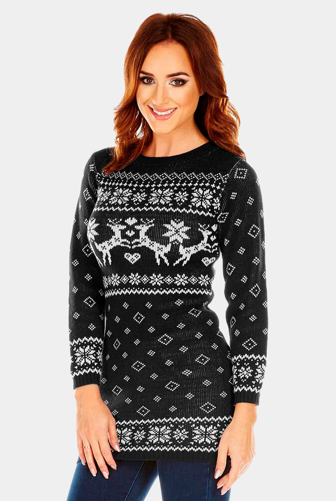 Black Womens Christmas Dress with Reindeers
