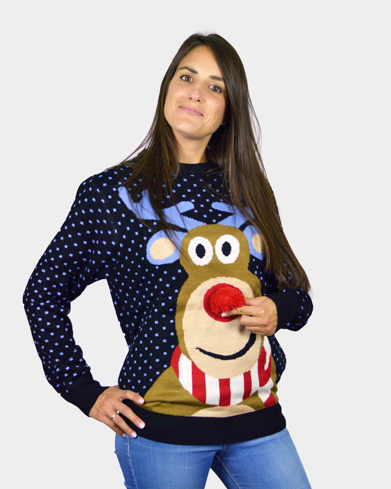 Blue 3D Christmas Jumper Reindeer with Red Nosed womens