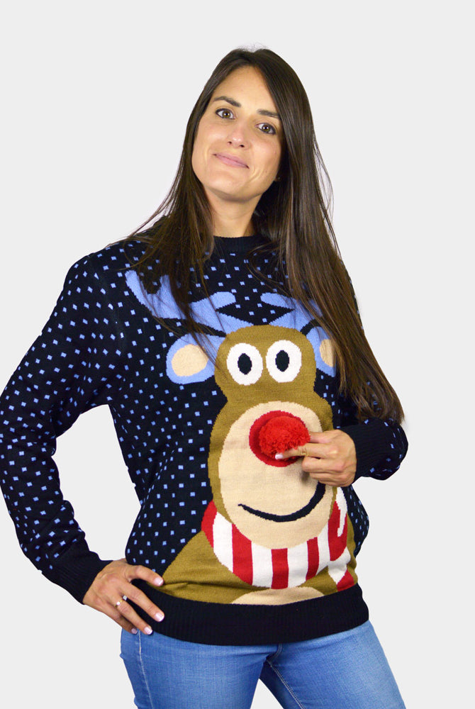 Blue 3D Christmas Jumper Reindeer with Red Nosed womens