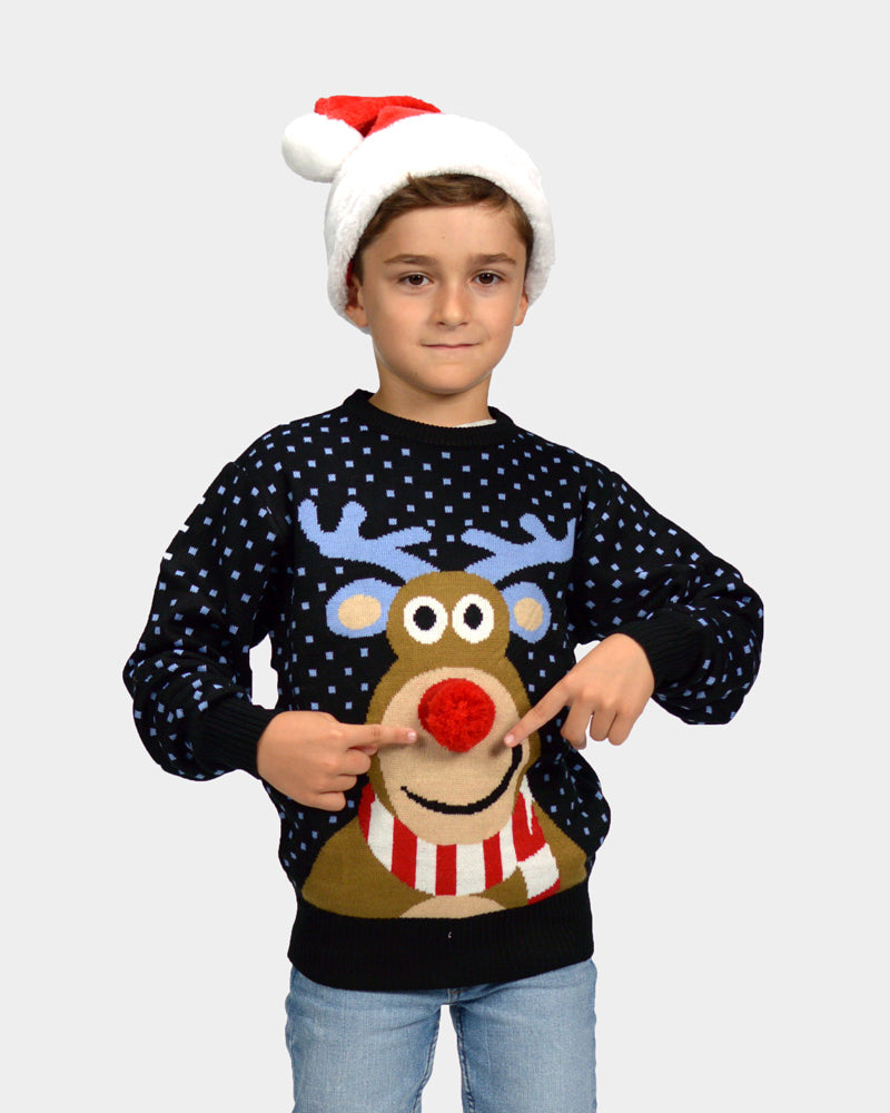 Boys Blue 3D Family Christmas Jumper Reindeer with Red Nosed