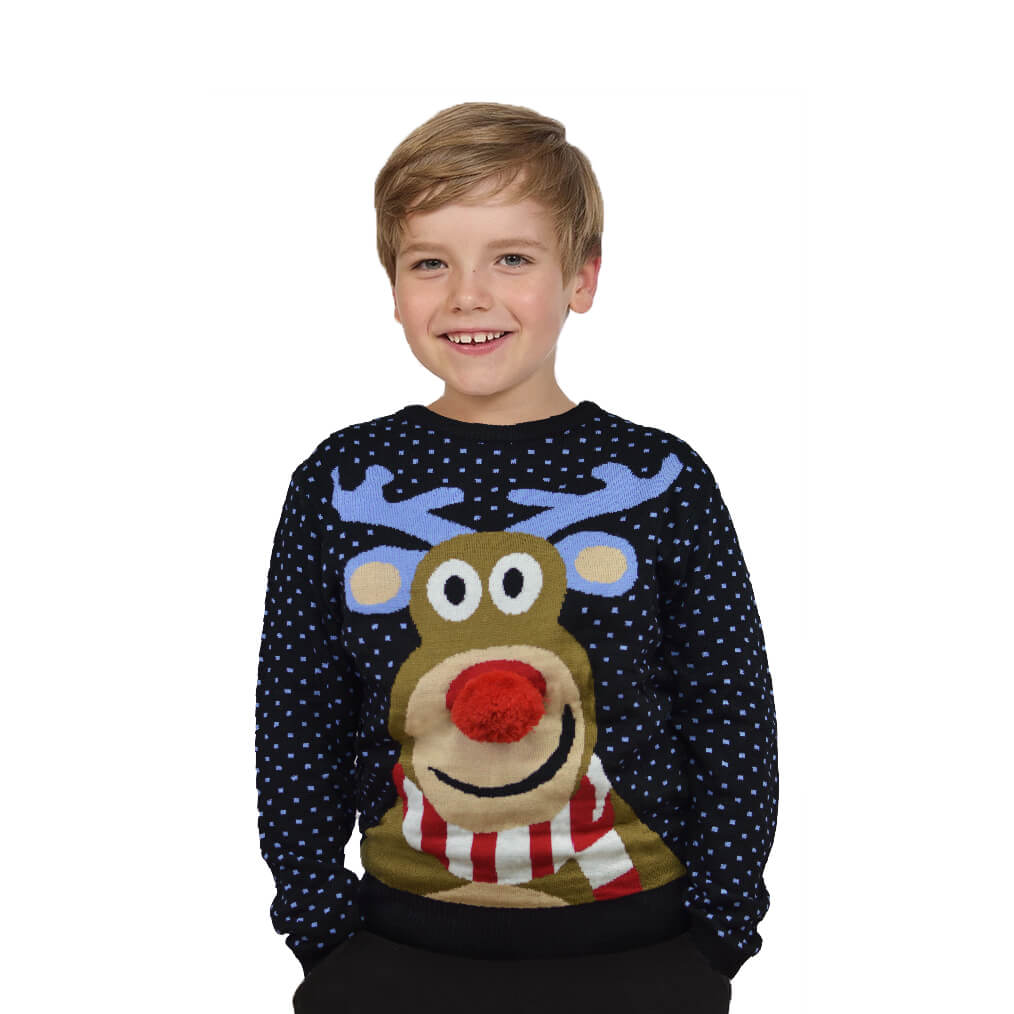 Boys Blue 3D Family Christmas Jumper Reindeer with Red Nosed