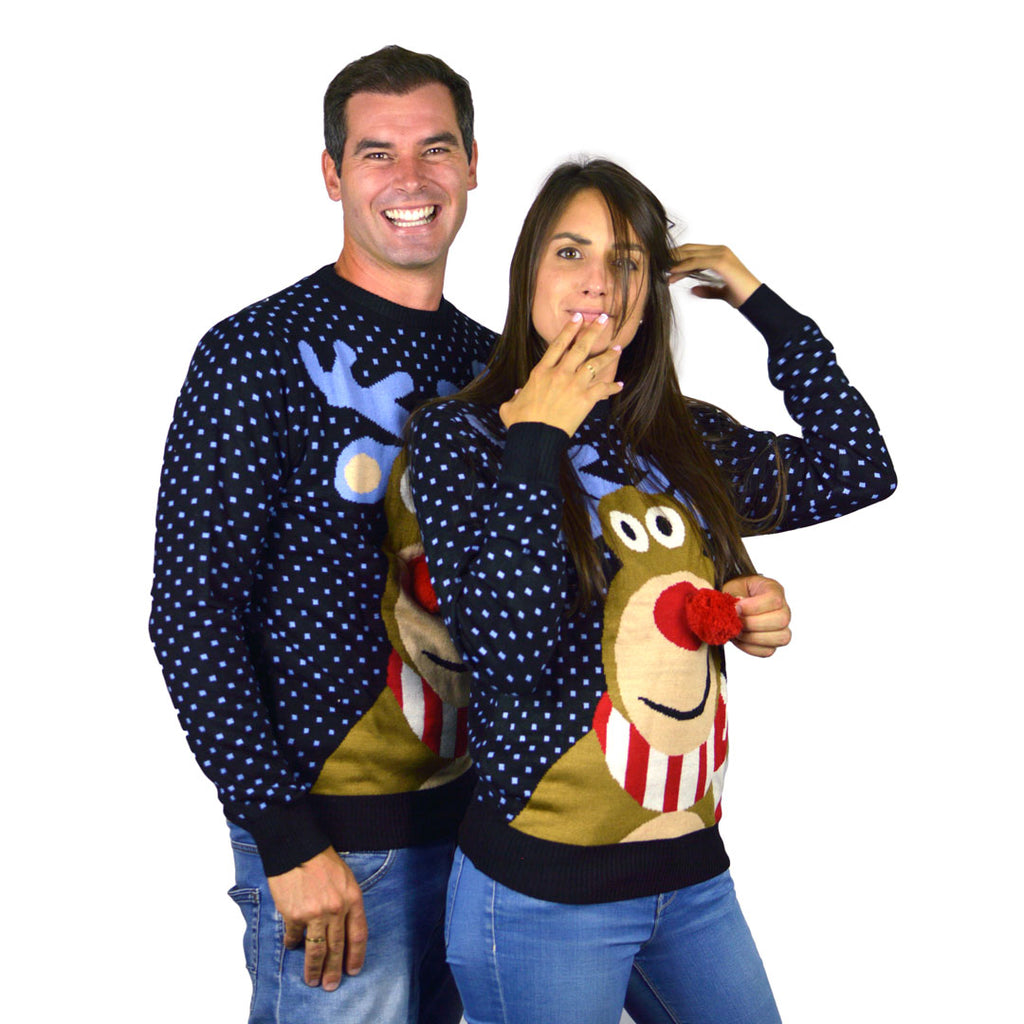 Blue 3D Family Christmas Jumper Reindeer with Red Nosed couples