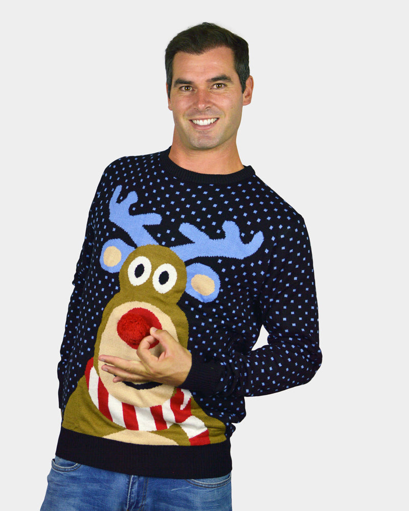 Blue 3D Family Christmas Jumper Reindeer with Red Nosed mens