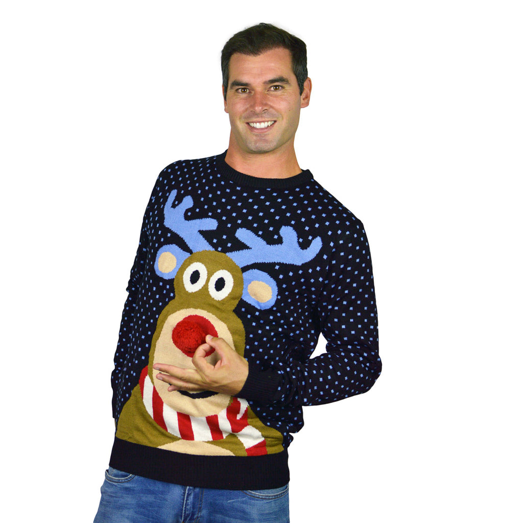 Blue 3D Family Christmas Jumper Reindeer with Red Nosed mens