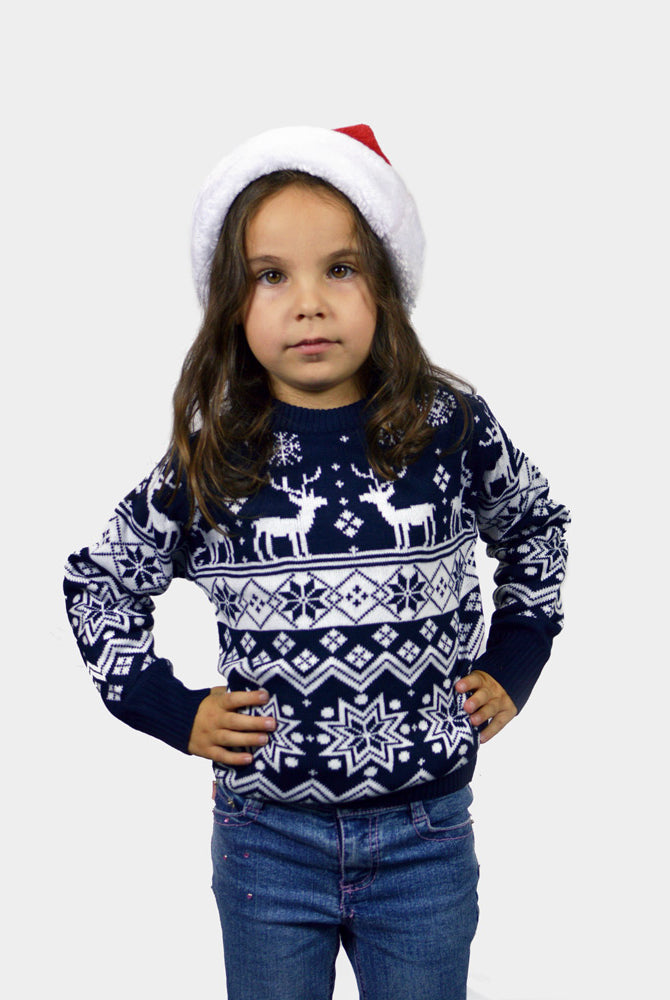 Blue Boys and Girls Christmas Jumper with Reindeers and Nordic Stars Kids