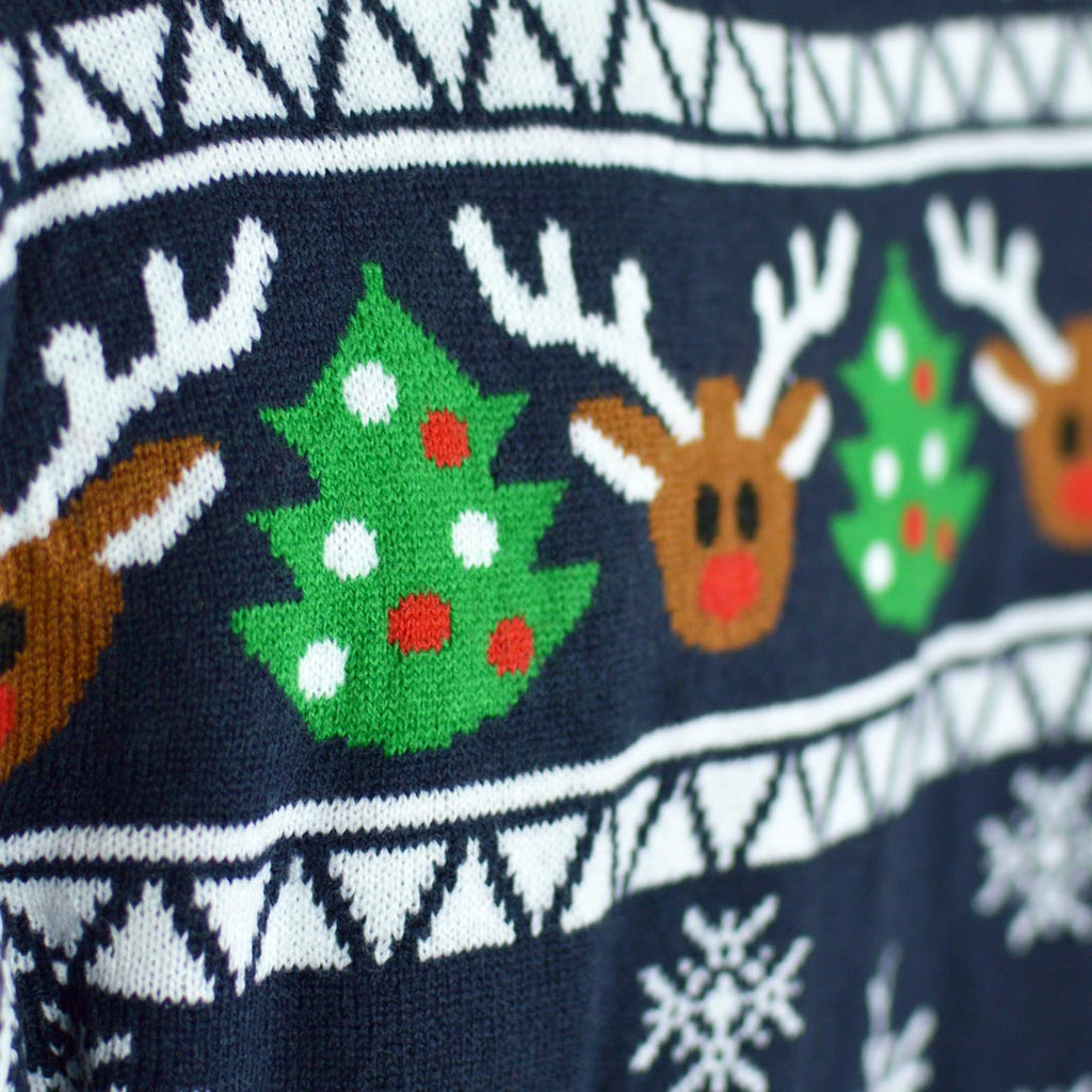 Blue Cardigan Christmas Jumper with Reindeers and Trees Detail