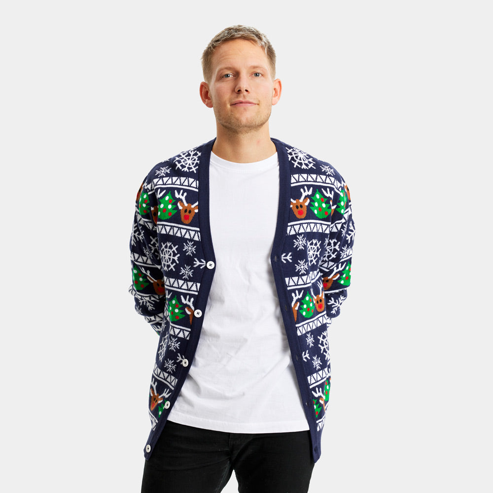 Blue Cardigan Christmas Jumper with Reindeers and Trees Mens