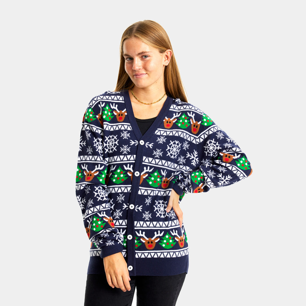 Blue Cardigan Womens Christmas Jumper with Reindeers and Trees ...