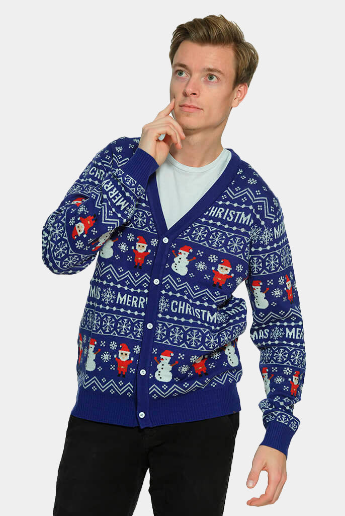 Blue Cardigan Merry Christmas Jumper Mens