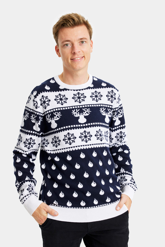 Blue Christmas Jumper with Reindeers and Snow Mens